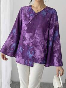 1pc Women's Tie-Dye Print Asymmetric Collar Diagonal Front Single-Breasted Asymmetric Hem Bell Sleeve Elegant Chinese Style Blouse Comfortable Breathable Holiday Outfit Perfect For Beach Vacation Work Daily Wear Party Banquet Wedding And More Occasions - Purple - View 9