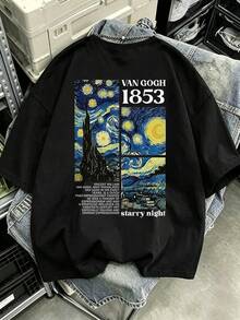 女士休闲T恤，饰有致敬梵高名作《星夜》和1853数字图案，夏季黑色 - 黑色 - 查看 10