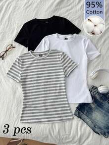 Set Of 3 Slim-Fit Long-Sleeved T-Shirts With Round Neck, 95% Cotton, Minimalist And Casual Style For Women - 多色 21 - 查看 1