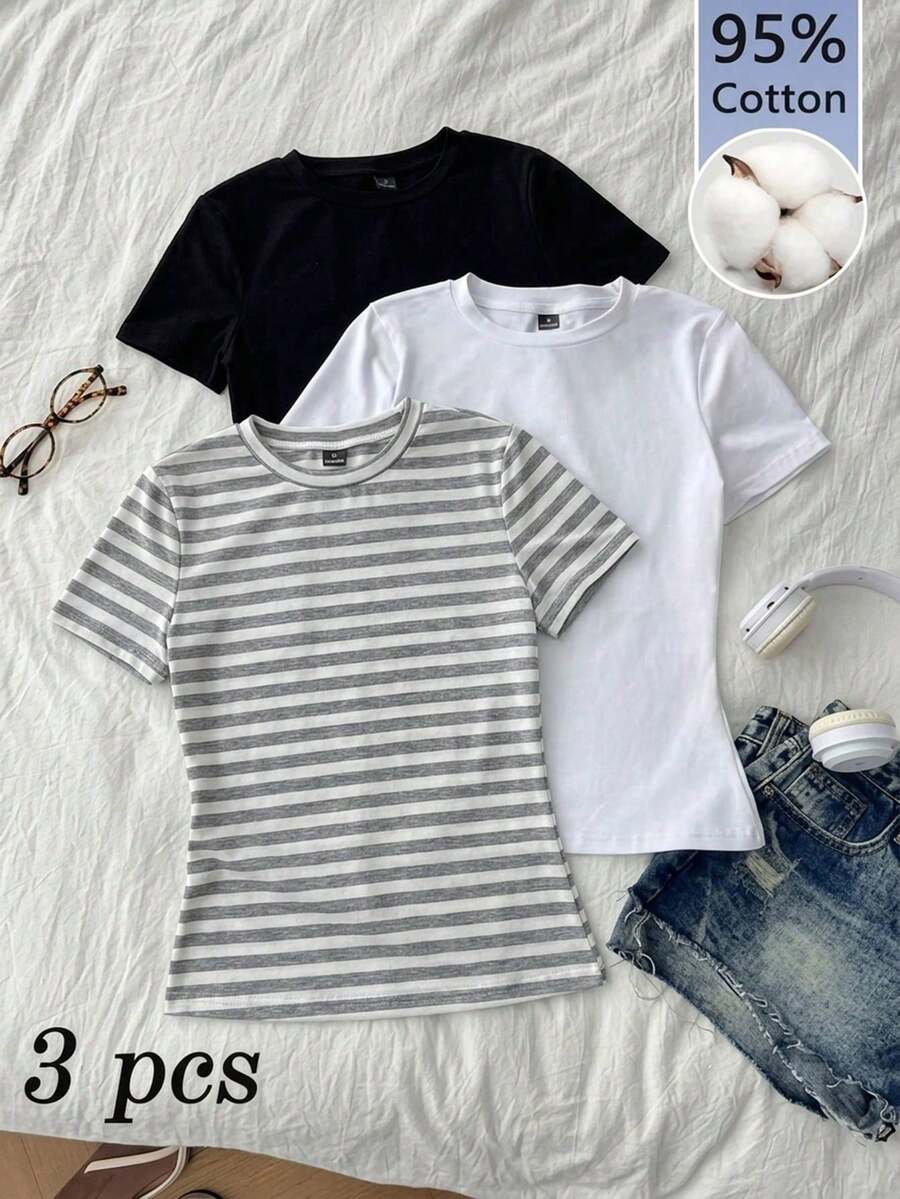 Set Of 3 Slim-Fit Long-Sleeved T-Shirts With Round Neck, 95% Cotton, Minimalist And Casual Style For Women - 多色 21 - 查看 1