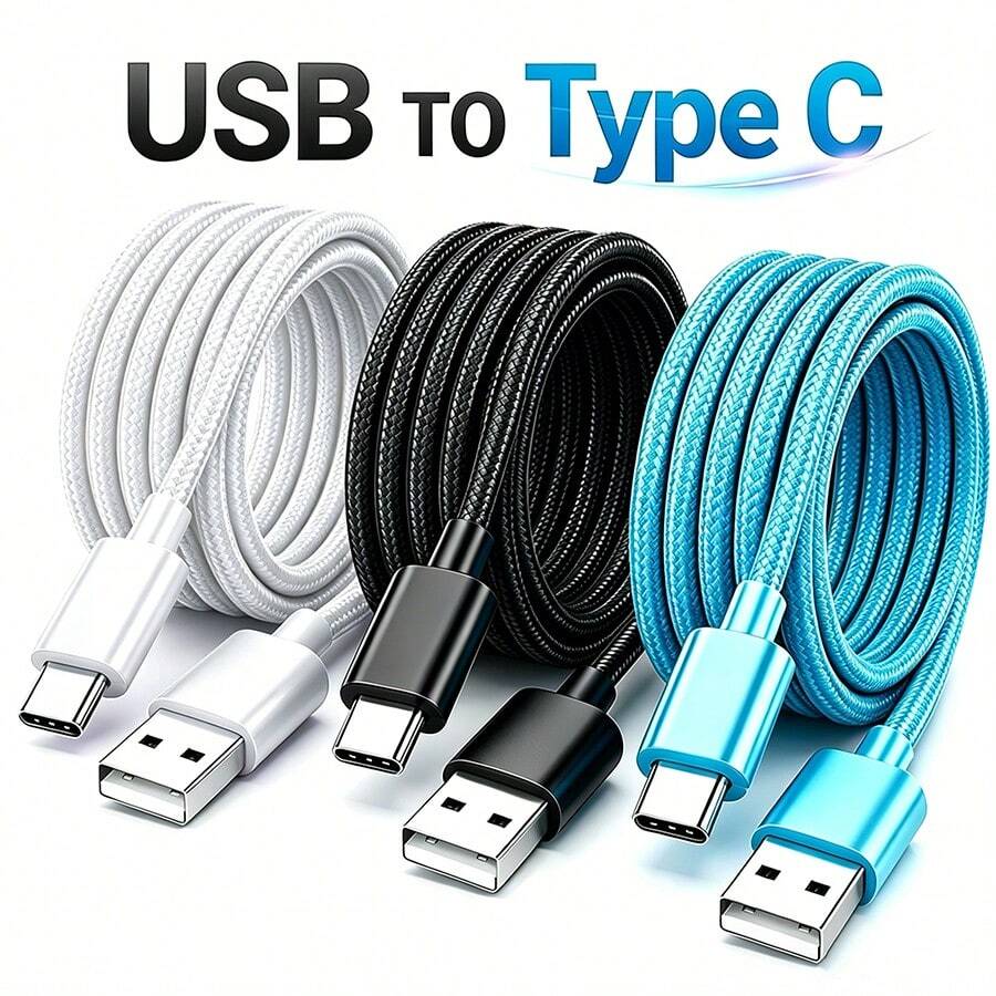 3pcs USB-A To Type-C Fast Charging Cable, Suitable For Android Phones, 1m/2m/3m Length, Durable Braided Phone Charging Cable, Compatible With Samsung, And Other Android Phones And Devices, Suitable For Office Desk Accessories/Travel/Indoor/Outdoor/Car Accessories