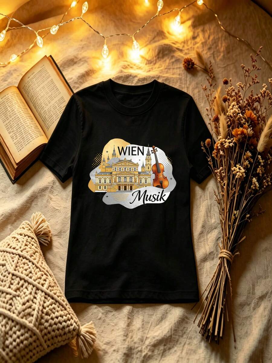 Wien Classical Opera House Tee, Austrian Musical Heritage Graphic T-Shirt, Artistic Style Casual Top - 黑色 - 查看 1