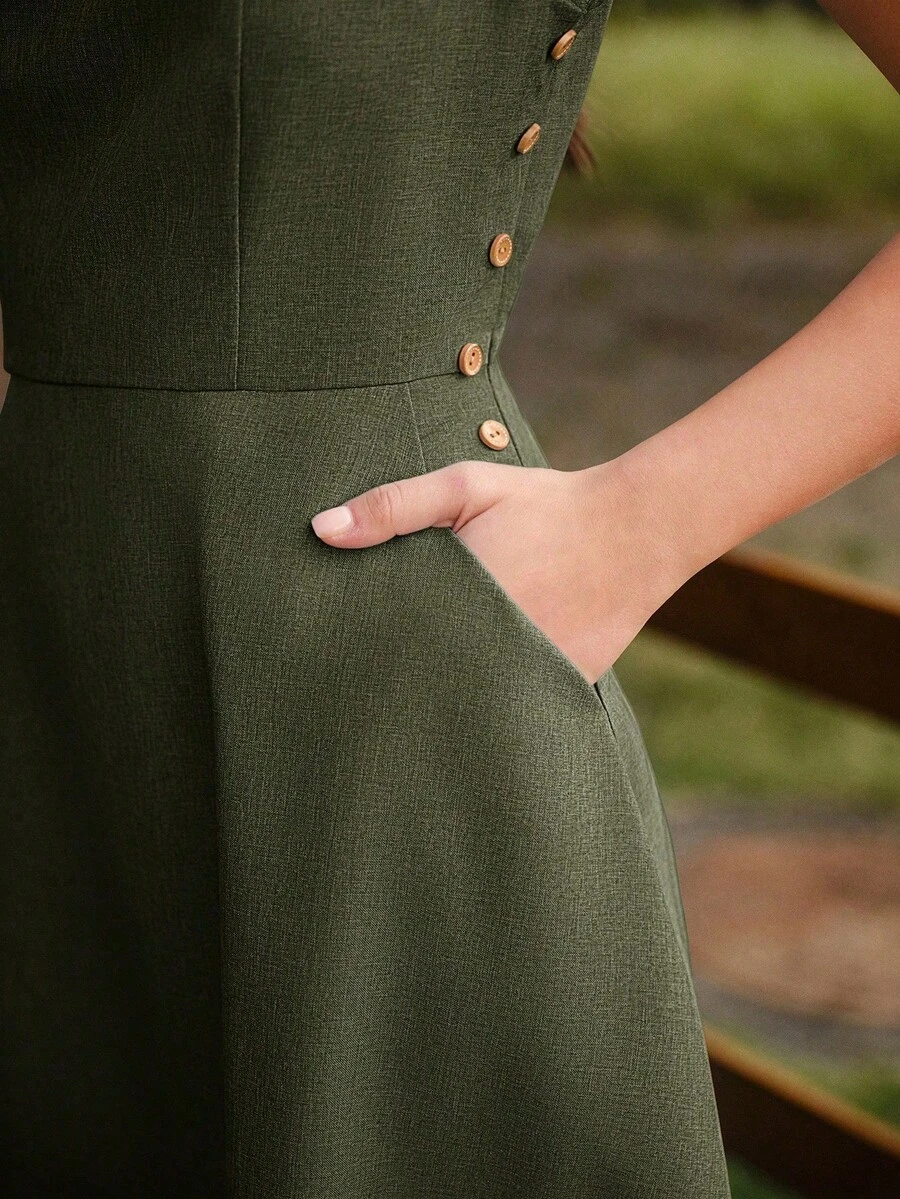 Vestido amarillo elegante vintage retro para mujer con bolsillos y botones,estilo casual de los 90 para primavera,verano,picnic,playa y vacaciones - Verde militar - Ver 1
