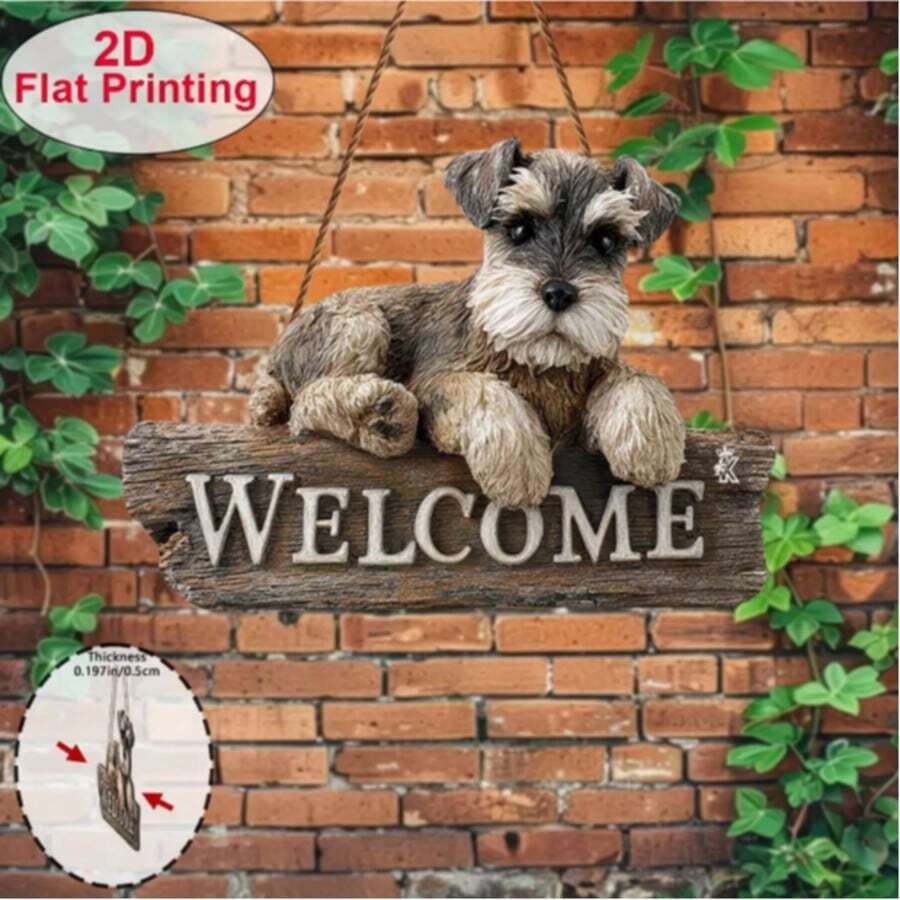 2D flaches 1 Stück Schnauzer Welpe Vintage Holz Willkommensschild, Hund Muster, Innen-/Außenwanddekoration, Haustierliebhaber Geschenk, wasserdicht und langanhaltend