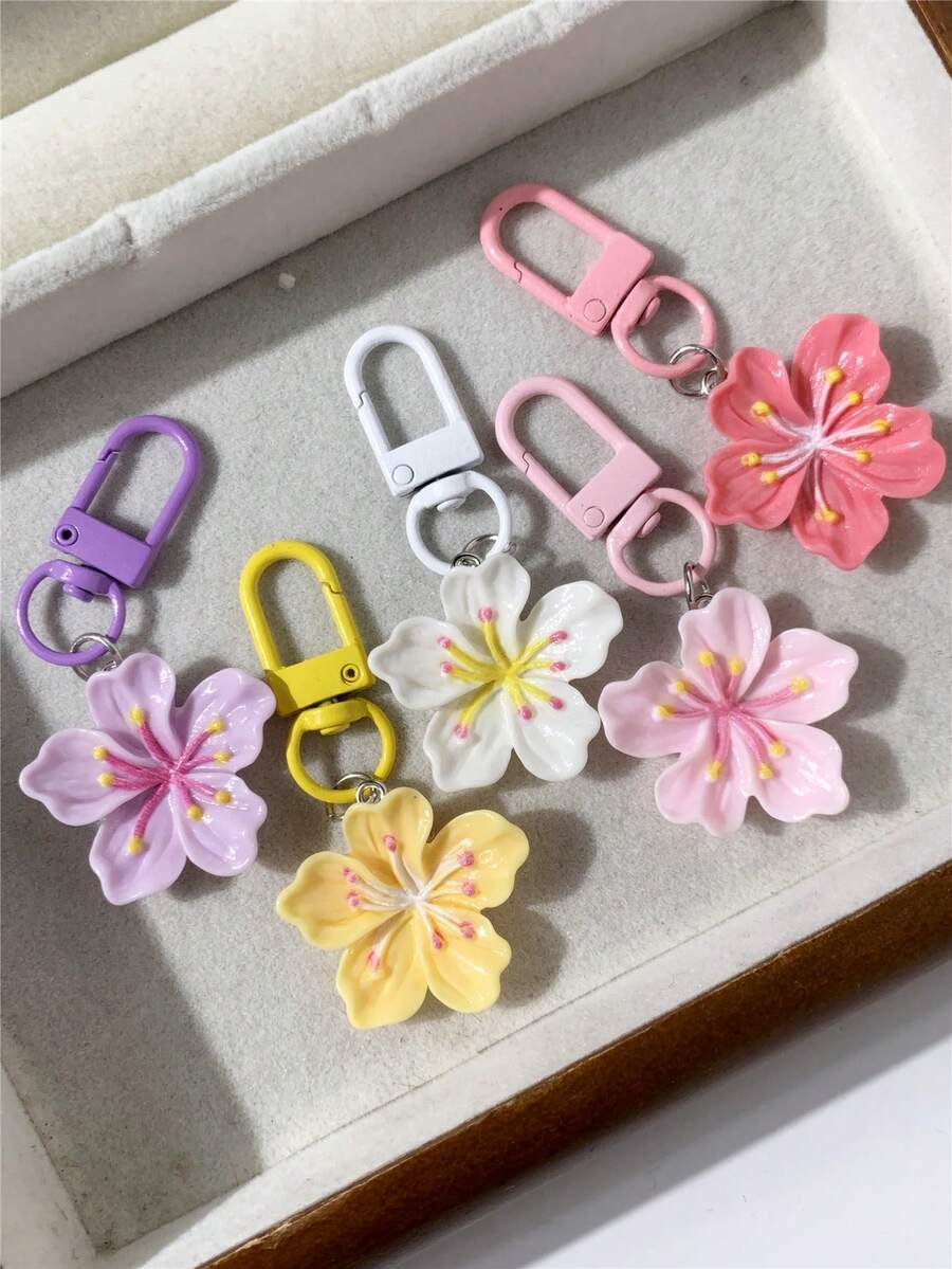 5pcs Vibrant Cherry Blossom Keychains, Bohemian Style, Versatile Keyring Bag Charm Accessories, Souvenir Gift For Friends, Exquisite Flower Keychains