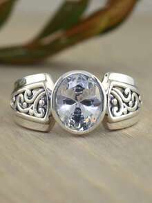 1pc Vintage Silver Wide Band Women's Ring, Oval Cut Cubic Zirconia Exaggerated Finger Jewelry, Retro Bohemian Style Cocktail Party Engagement Party Accessory Gift - Antique Silver - View 4