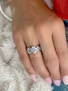 1pc Vintage Silver Wide Band Women's Ring, Oval Cut Cubic Zirconia Exaggerated Finger Jewelry, Retro Bohemian Style Cocktail Party Engagement Party Accessory Gift - Antique Silver - View 6
