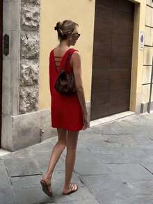 Vuslat Women's Sleeveless V-Neck Dress, Solid Color, Linen-Like Fabric, Elegant And Woven, Casual, Suitable For The Beach, Parties, Weddings, Vacations And Birthday Parties - 紅色 - 查看 1