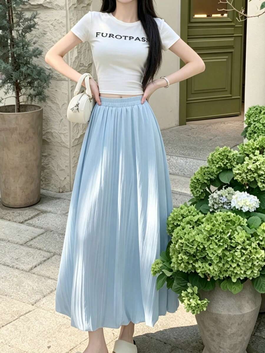 女款休閒淺藍色長款喇叭裙，無彈力梭織面料，飄逸長裙，春季理想選擇
