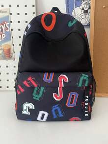 1 Piece Casual Nylon Backpack With Zipper Closure And Letter Print, Suitable For Students And Daily Use In All Seasons, Unisex - Black - View 1