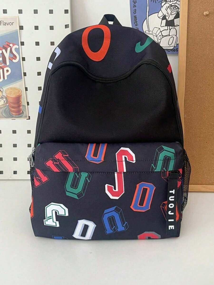 1 Piece Casual Nylon Backpack With Zipper Closure And Letter Print, Suitable For Students And Daily Use In All Seasons, Unisex - Black - View 1