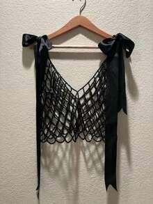 Beaded Camisole Top With Niche Design, Versatile Fashion Hollow Woven V-Neck Body Chain Cute Bow Strap, Gift For Girls - Black - View 6