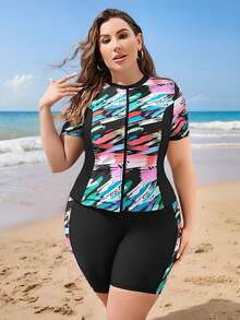 Swim Lushoire Traje De Baño Atlético Para Mujeres De Tallas Grandes Con Mangas Cortas Y Estampado De Cepillo - Multicolor - Ver 1