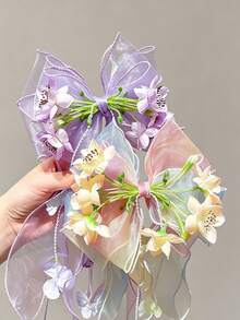 2pcs Girls Blue Bellflower Bow Ribbon Hair Clips, Non-Damaging Daily Wear Versatile Hair Accessories - Multicolor - View 5
