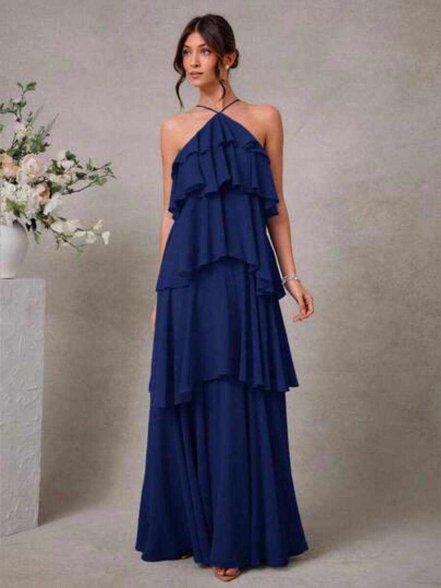 Elegante vestido maxi de gasa con cuello halter y volantes para invitados a bodas románticas - Azul Agua - Ver 1