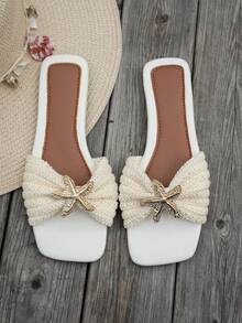 Women's Cream Handmade Knitted Twisted Slides, Rhinestone Metal Starfish Decor Square Toe Flat Mule Slippers, Summer Shoes, Daily Shopping - White - View 1