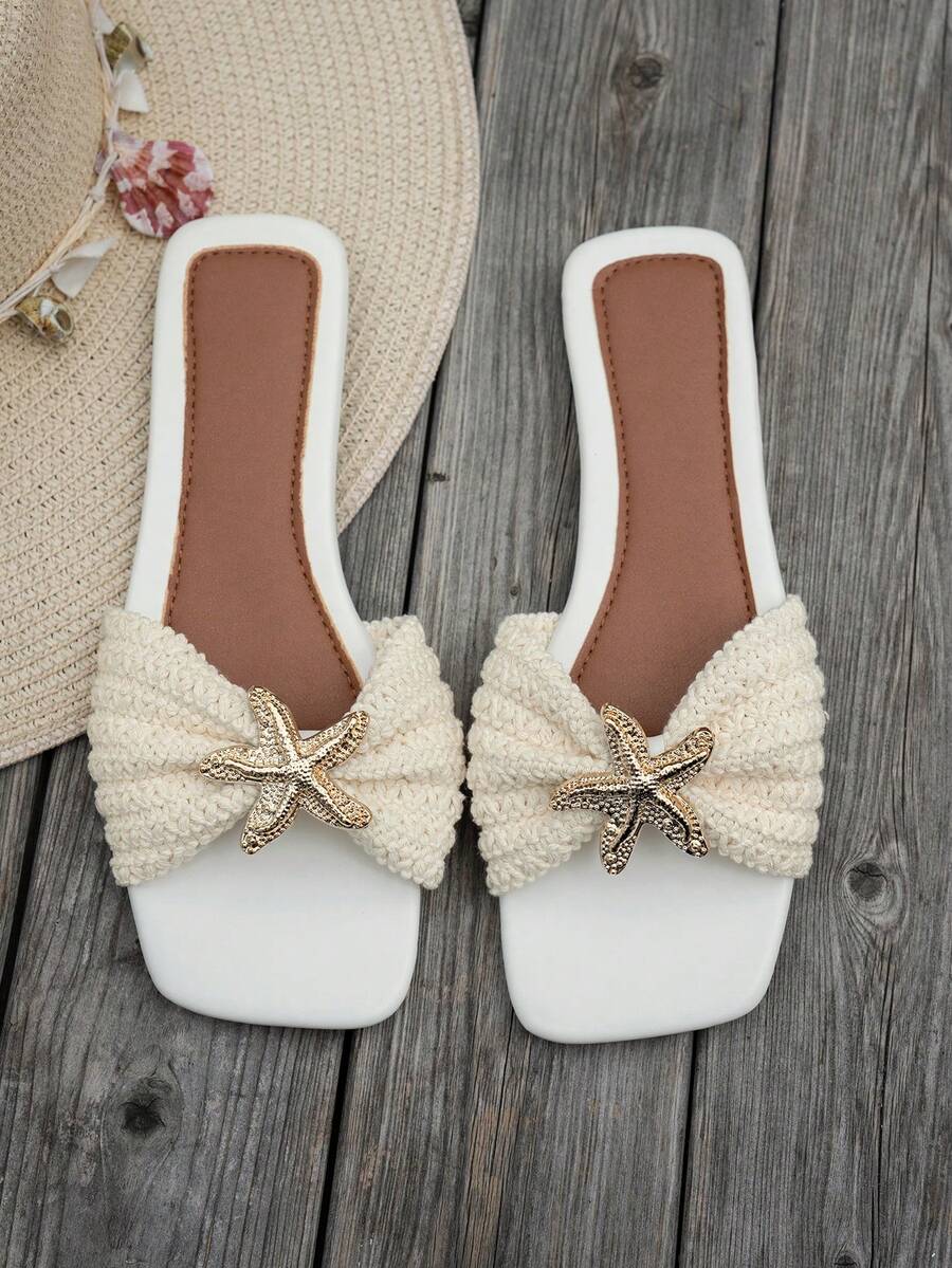 Women's Cream Handmade Knitted Twisted Slides, Rhinestone Metal Starfish Decor Square Toe Flat Mule Slippers, Summer Shoes, Daily Shopping - White - View 1