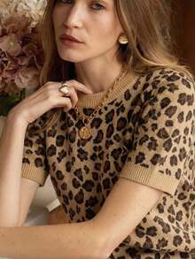Suéter de cuello redondo de manga corta con estampado de leopardo para mujer, estilo casual clásico, adecuado para el uso diario, ropa de punto de otoño - Multicolor - Ver 1