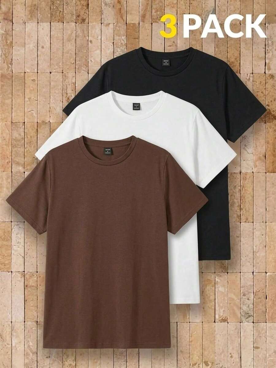 Manfinity VCAY 3-Pack Men's Solid Color Crew Neck Short Sleeve T-Shirts For Summer - Multicolor 10 - View 1