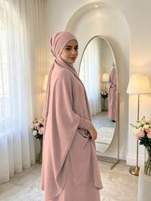 紋理縮褶彈性袖口 Khimar Abaya 兩件套，寬鬆大袖端莊 長洋裝，穆斯林女性休閒伊斯蘭禮拜服裝 - 彩色 - 查看 4
