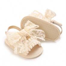 Lace Big Bow Baby Sandals Summer Girls Soft Sole Pre-Walker Shoes Pom Pom Ruffle Non-Slip Newborn Toddler Shoes - Apricot - View 8
