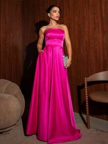 Elegant Strapless Long Party Dress With Built-In Bra Cups And A Full Skirt. - 玫紅色 - 查看 1