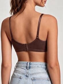 1pc Women's Comfortable Wireless Soft Cup Solid Color Cotton Sleep Bra - Coffee Brown - View 6