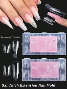 Multi-Size Reusable Clear Sandwich Nail Extension Molds, Dual Form Top & Bottom Mold Set, Create Perfect Almond & Coffin Nails, Professional Nail Art Supplies For Beginners - Multicolor - View 1
