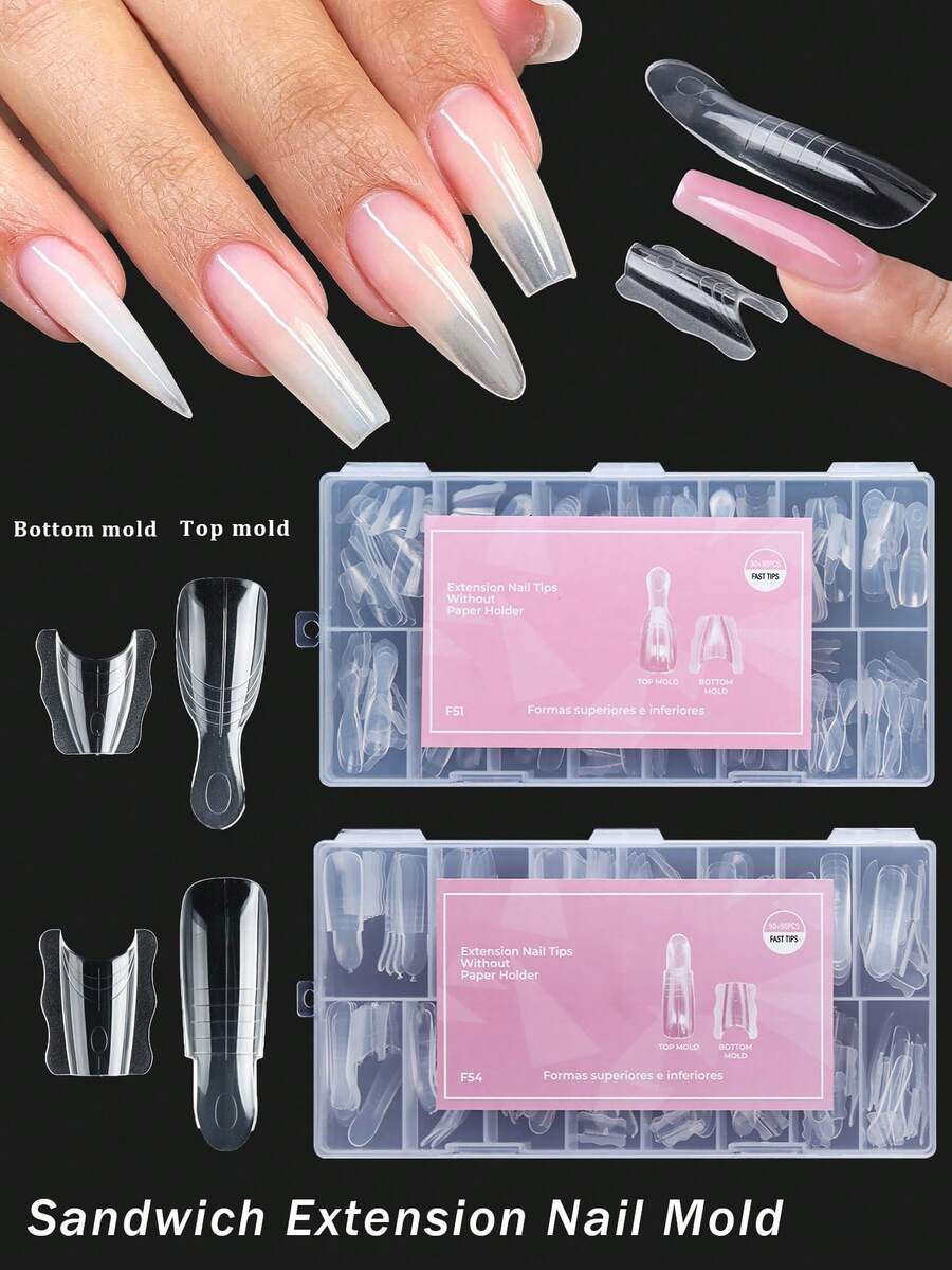 Multi-Size Reusable Clear Sandwich Nail Extension Molds, Dual Form Top & Bottom Mold Set, Create Perfect Almond & Coffin Nails, Professional Nail Art Supplies For Beginners - Multicolor - View 1
