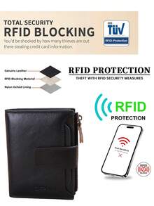 Dompet Pria Kulit Asli Klasik, Pemblokiran RFID, 12 Slot Kartu, 2 Kompartemen Uang Kertas, 1 Kantong Koin dengan Resleting, 2 Slot Kartu SIM - Hitam - View 7