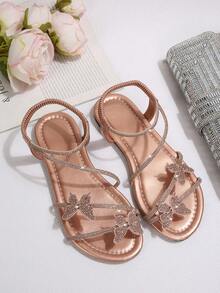 Summer New Casual Fashion Strappy Criss-Cross Glass Rhinestone Cute Bow Champagne Gold Flat Outdoor Beach Vacation Women's Sandals - Champagne Gold - View 6