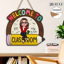 1pc Classroom Welcome Sign - Wooden Hanging Decor With Teacher And Pencil Design, Personalized Classroom Theme, Suitable For School, Office Or Home Decor, Teacher's Classroom Decoration, School Decoration, Education Theme, Handmade Appearance - 1PC - View 1