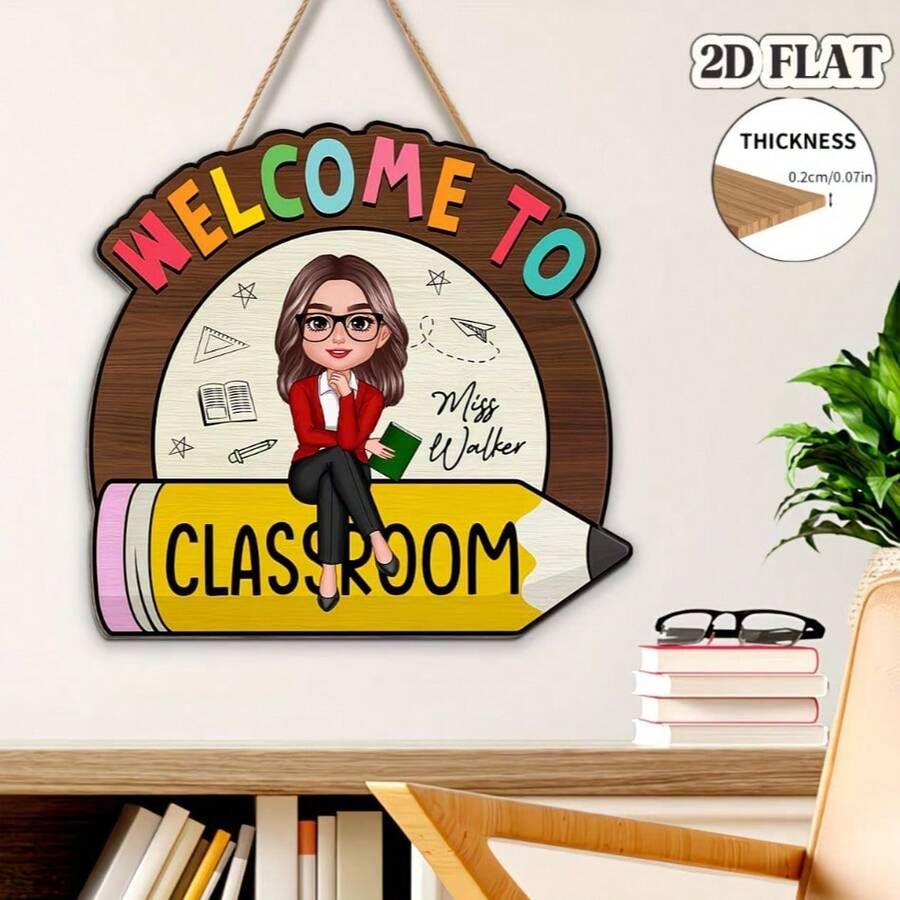 1pc Classroom Welcome Sign - Wooden Hanging Decor With Teacher And Pencil Design, Personalized Classroom Theme, Suitable For School, Office Or Home Decor, Teacher's Classroom Decoration, School Decoration, Education Theme, Handmade Appearance - 1PC - View 1