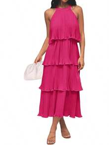 ZESICA Vestido Largo de Gasa para Mujer, 2023, sin Mangas, Cuello Halter, con Volantes, Escalonado, con Vuelo, de Verano - Morado - Ver 18