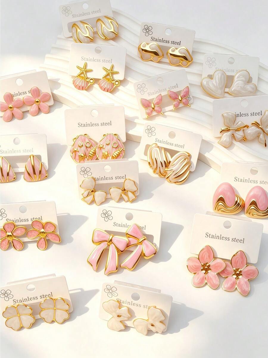 Luxury Pink Gold And Enamel Stainless Steel Earring Set (4/8/16/24 Pieces) – Women's Fashion Accessories (Party/Fashion) - Multicolor - View 1