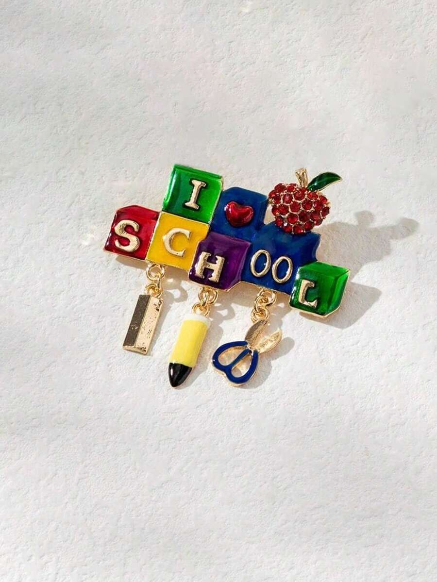 Cute Enamel School Brooch, Glossy Apple Pencil Scissors Lapel Badge, Ideal Teacher Appreciation And Graduation Gift - Multicolor - View 1