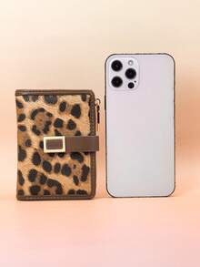 Classic Fashion Leopard Print Patchwork Short Wallet, Handheld PU Brown Exquisite Clasp Card Holder Document Organizer, Compact And Lightweight - Coffee Brown - View 6