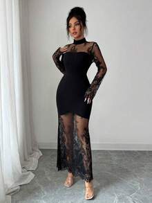 Nuevo vestido elegante y sexy de manga larga con encaje calado, ceñido a la cintura, de corte ajustado tipo sirena, de alta gama y elástico, - Champán - Ver 6
