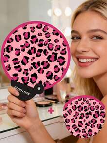 1pc Pink Leopard Print Folding Fan, Portable Handheld Fan, Suitable For Outdoor - Multicolor - View 1