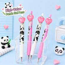 2/4 piezas Bolígrafos de gel retráctiles con diseño de corazón rojo de 0.5mm Panda, tinta negra, agarre cómodo, secado rápido, artículos esenciales para la vuelta a la escuela - Multicolor - Ver 1