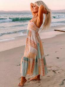 European And American Style Multi-Color Summer Short-Sleeved Printed Square-Neck Camisole Dress, Vacation French-Style Dress, Breathable And Comfortab - Flower - View 3