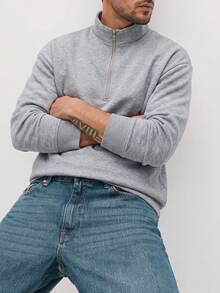 Men's Half-Zip Half-Button Stand Collar POLO Sweatshirt, Solid Color Basic Loose Drop Shoulder Pullover, Minimalist Casual Daily Wear For Autumn/Winter - Grey - View 3