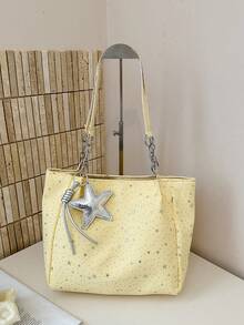 1pc Star Pendant Decor Star Pattern Polyester Fiber Large Capacity Zipper Fashion Shoulder Bag Suitable For Women's Daily Use - Yellow - View 7