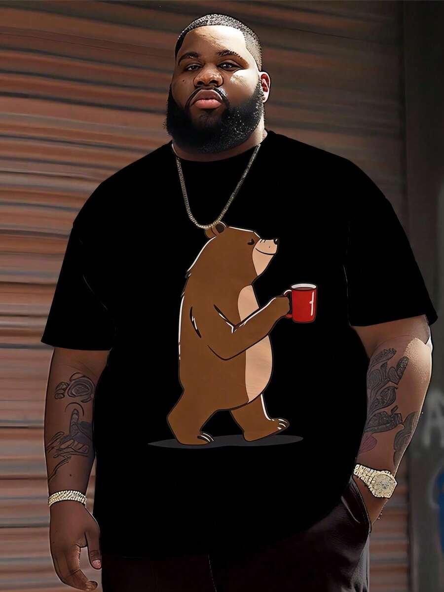 Men's Plus Size Casual Crew Neck T-Shirt, Made Of Comfortable And Breathable Polyester Knit Fabric, Casual Street Style With "Funny Bear With Coffee" Graphic, T-Shirt - 白色 - 查看 1