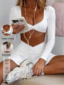 Women's Fall Sports Two Pieces, Twisted Deep V Cropped Long-Sleeve Top And Crossover High-Waist Tennis Skort Set, Suitable For Gym - White - View 5