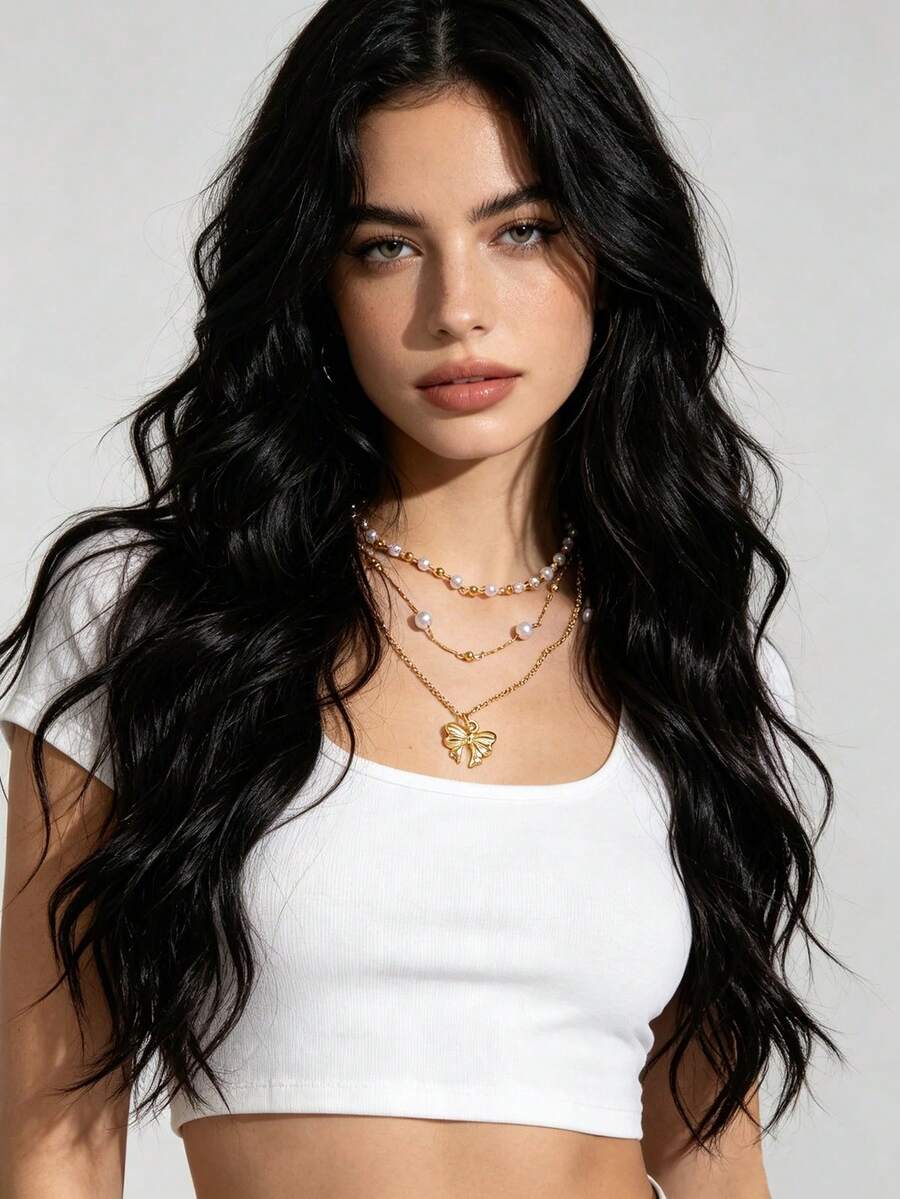 3PCS Ins Style Bowknot Layered Necklace Set, Gold Bead Round Bead Faux Pearl Thin Chain Metal Bowknot Necklace Set For Women - Gold - View 1