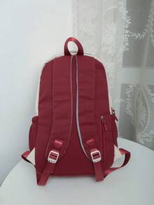 Letter Graphic Classic Backpack With Cartoon Charm Preppy Badge Decor For School - Red - View 4
