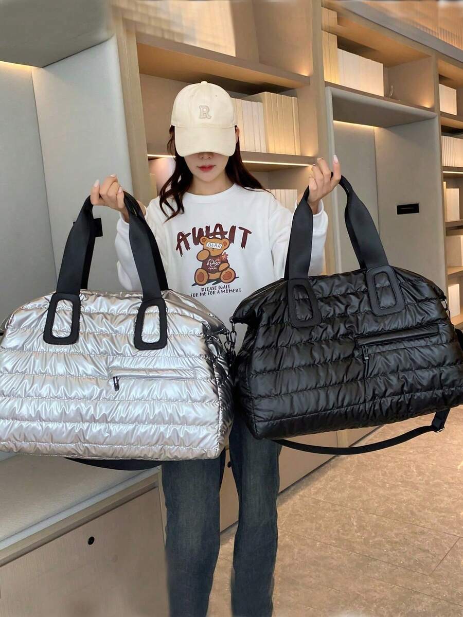 1 pieza Bolso de lona de poliéster liso de gran capacidad con cierre de cremallera, bolso de viaje estiloso y sencillo para gimnasio, bolso de viaje, bolso de fin de semana, bolso de equipaj - Plateado - Ver 1