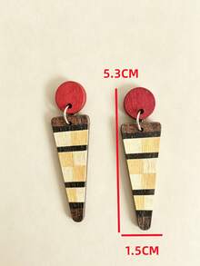 1 Pair Vintage Plaid Colorblock Red Round Disc Patchwork Gradient Triangle Wooden Double Layer Earrings - Multicolor - View 2
