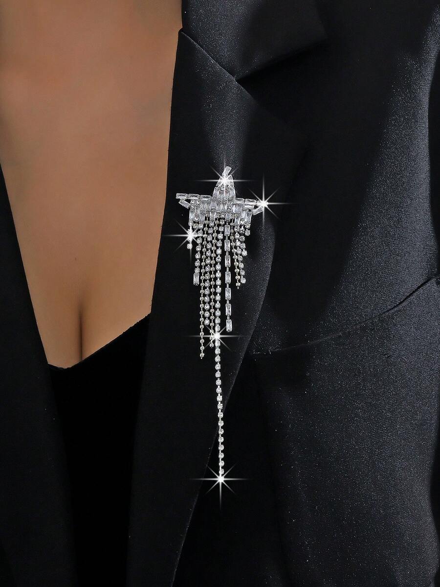 1pc Star-Shaped Rhinestone Brooch, Sparkling Zirconia Crystal Tassel Pin For Suit, Coat, Sweater, Clothing Accessory - XZ02 - Star Tassel Brooch - View 1